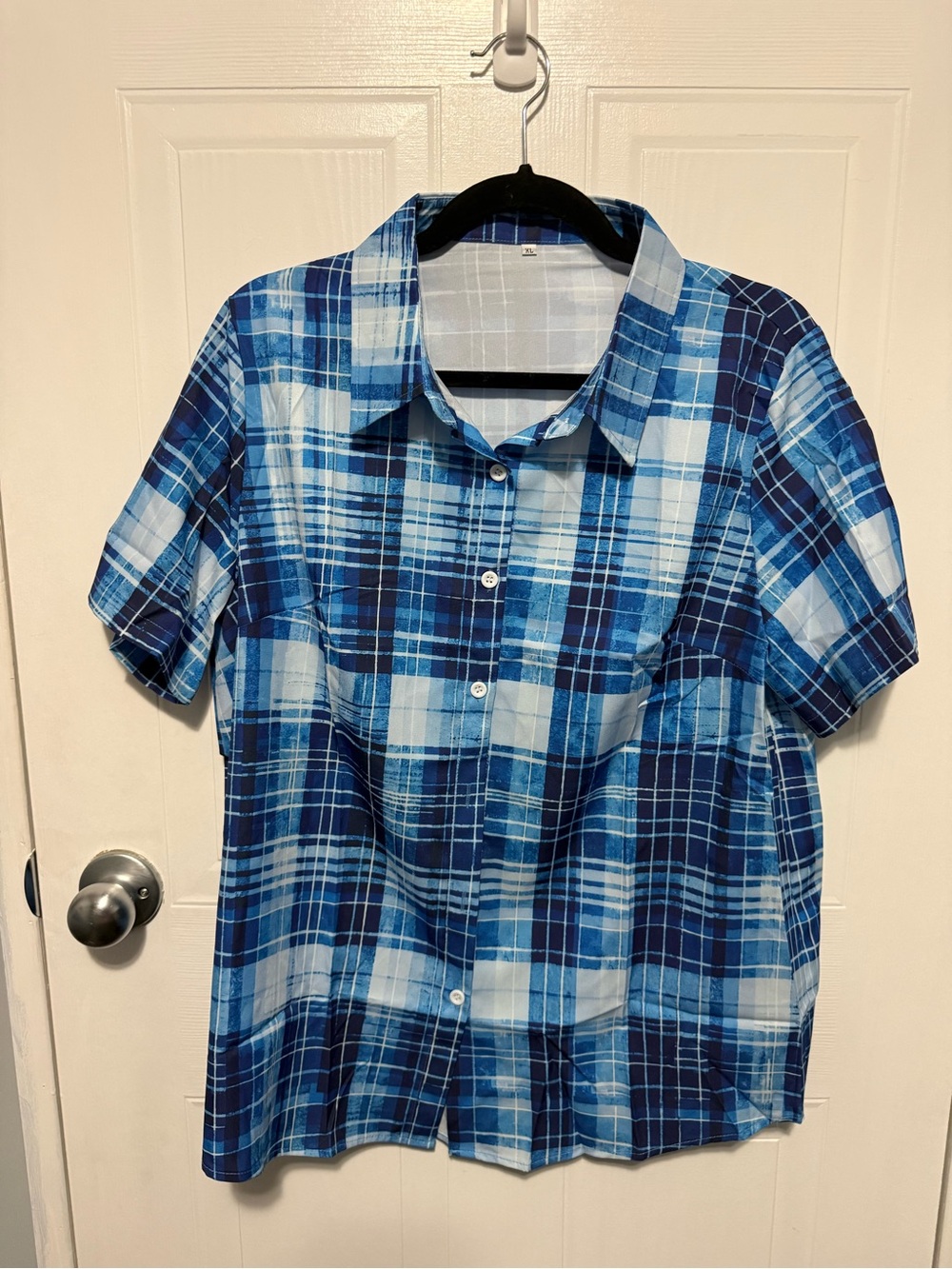 Men's Blue Printed Plaid Short Sleeve Button-Up Shirt